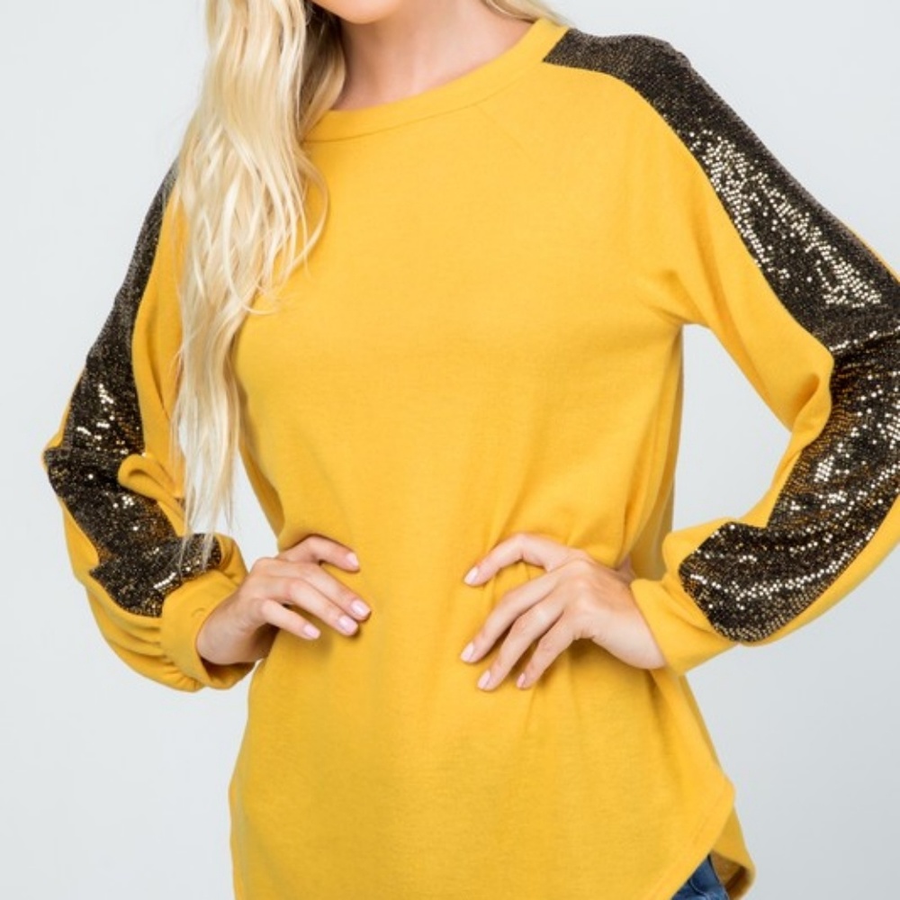 Mustard soft brushed top w/ sequin sleeves - Picture 8 of 9